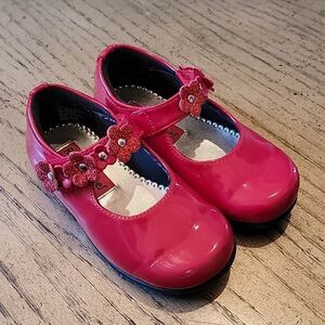 Red dress shoes with flowers with velcro strap size 7